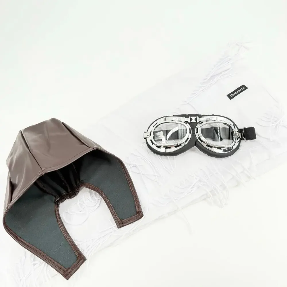 Vintage Aviator Hat Goggles & White Scarf Amelia Earhart Inspired Costume Set